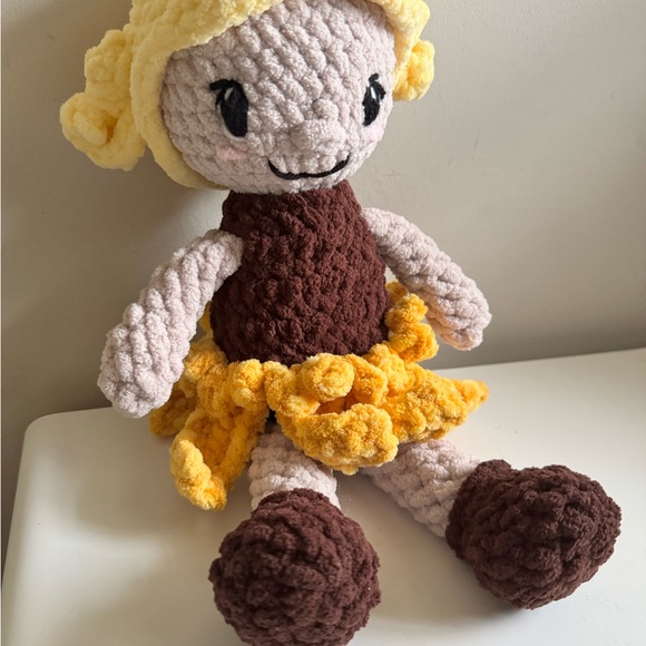 Crocheted Handmade Crochet Doll with Sunflower Yellow and Brown Outfit - Picture 2 of 6